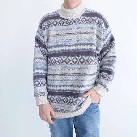 Vintage TT & Co. Sport Cream Blue Purple Turtple Neck 100%  Cotton Knit Sweater - Picture 1 of 3